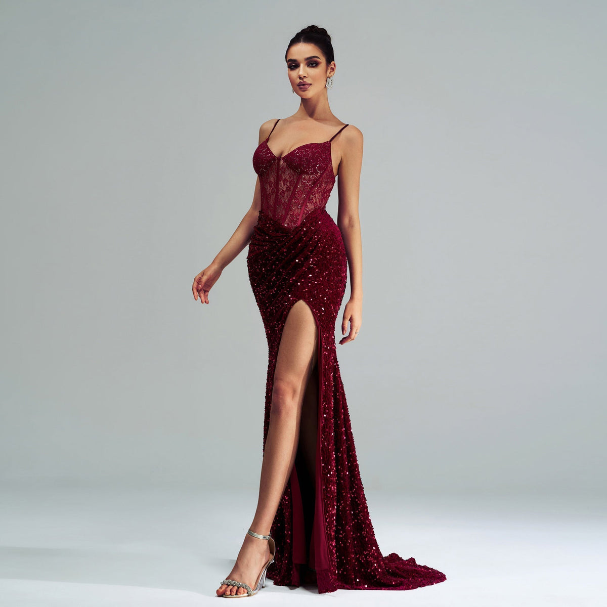 Sequin Sheer Lace Corset Bodice Spaghetti Strap High Split Maxi Dress 3