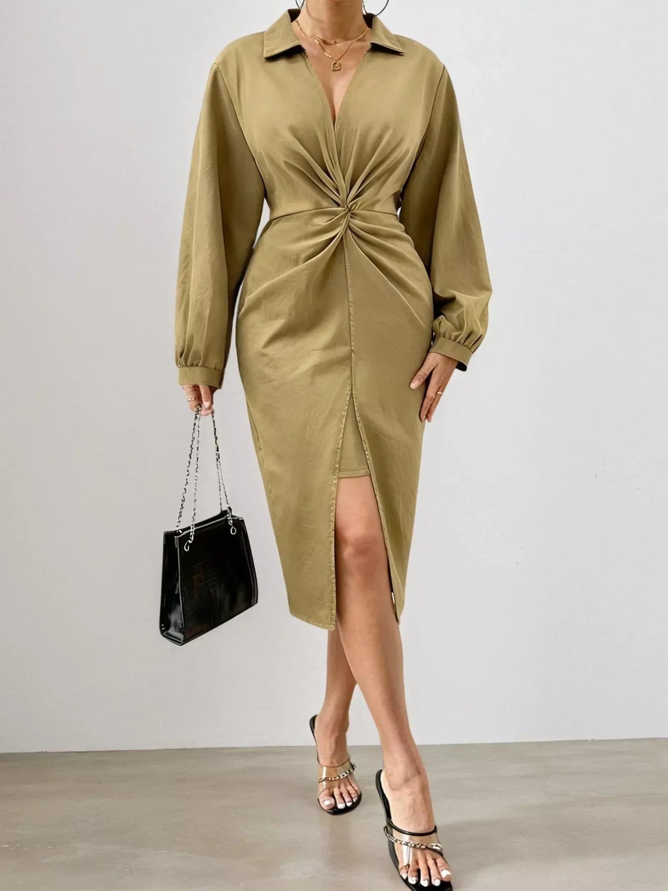 Plus Size Twist Front Split Midi Dress Taupe