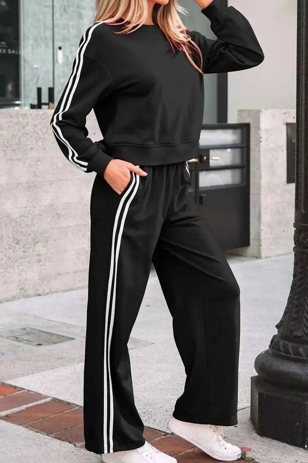 Side Stripe Crew Neck Sweatshirt and Wide Leg Pants Two Piece Set 4