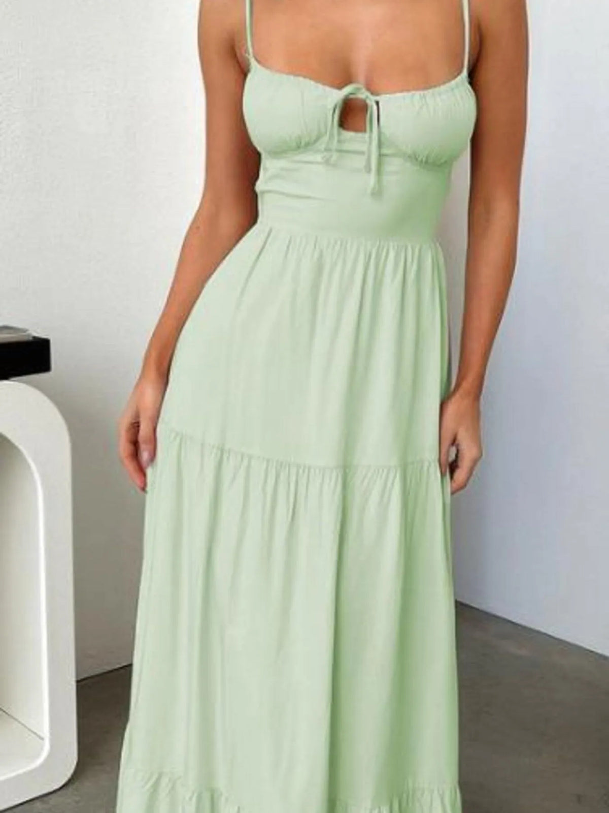 Tiered Lace Up Spaghetti Straps Maxi Dress