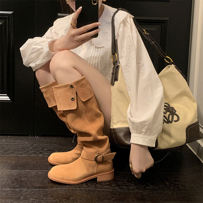 Womens Suede Leather Knee High Boots 75mm Block Heel In Black/Apricot