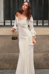 V-Neck Lace Trim Flounce Sleeve Tie Maxi Lace Dress