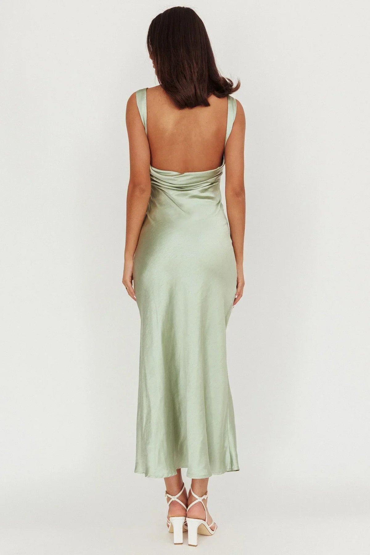 Satin Boat Neck Sleeveless Cowl Back Bias Cut Maxi Dress 2