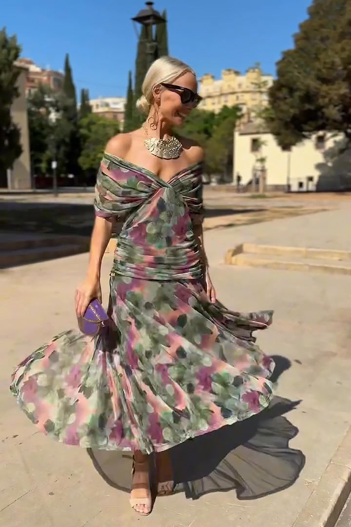 V-Neck Short Sleeve Chiffon Ruched Maxi Dress 5
