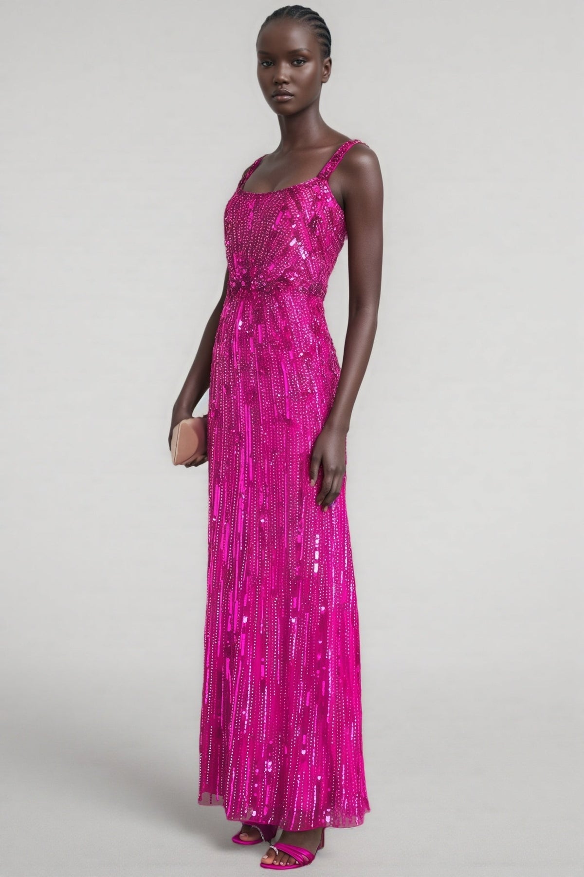 Square Neck Sleeveless Sequin Beaded Column Maxi Dress