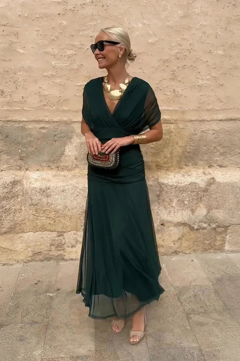 Chiffon Deep V-Neck Short Sleeve Ruched Waist Maxi Dress