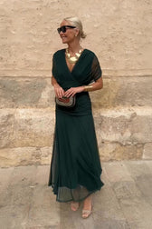 V-Neck Short Sleeve Chiffon Ruched Maxi Dress