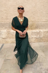 V-Neck Short Sleeve Chiffon Ruched Maxi Dress 2