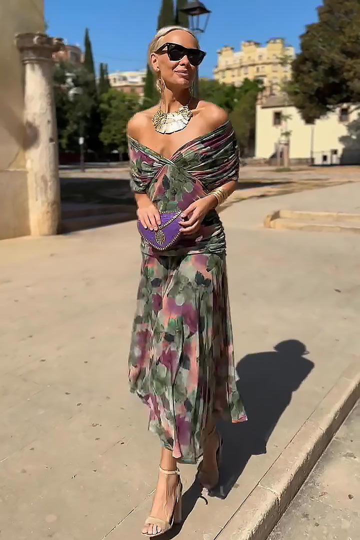 V-Neck Short Sleeve Chiffon Ruched Maxi Dress 4