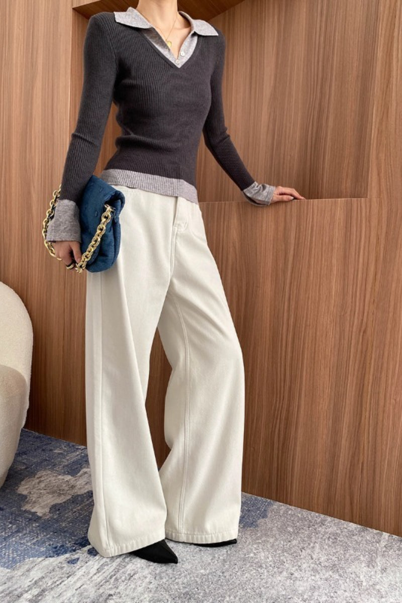Polo Collar Faux Two Piece Contrast Trim Ribbed Knit Sweater 3
