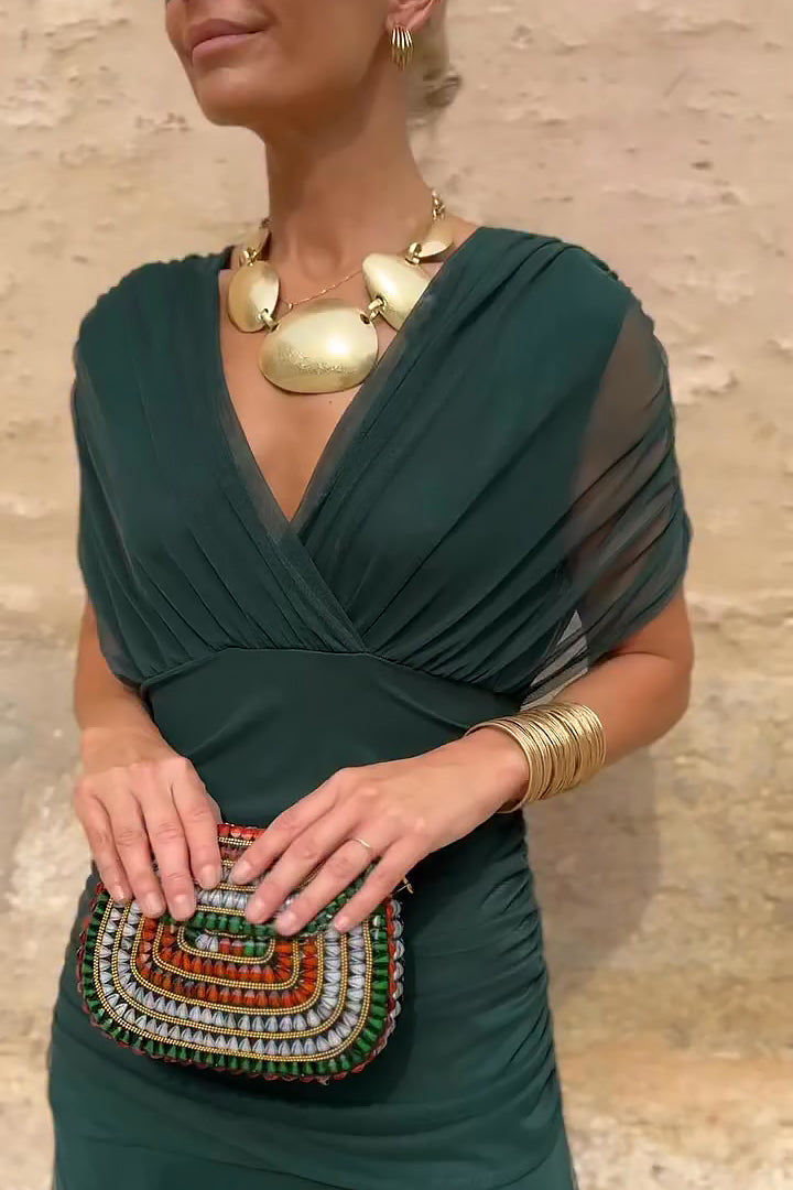 V-Neck Short Sleeve Chiffon Ruched Maxi Dress 3