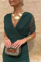 V-Neck Short Sleeve Chiffon Ruched Maxi Dress 3