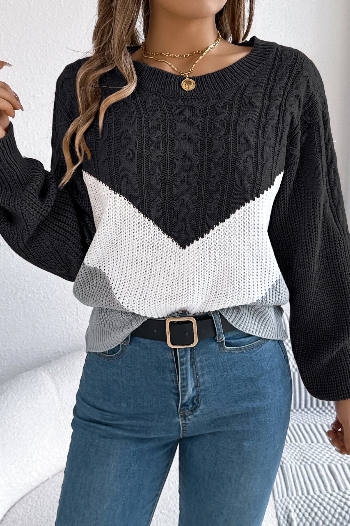 Colorblock Chevron Crew Neck Long Sleeve Cable Knit Sweater 17