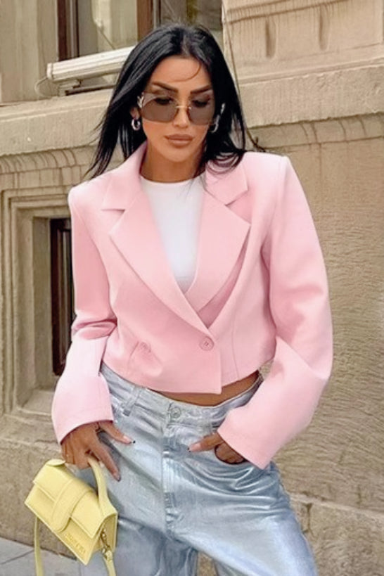 Notch Lapel Padded Shoulder Wide Cuff Cropped Blazer