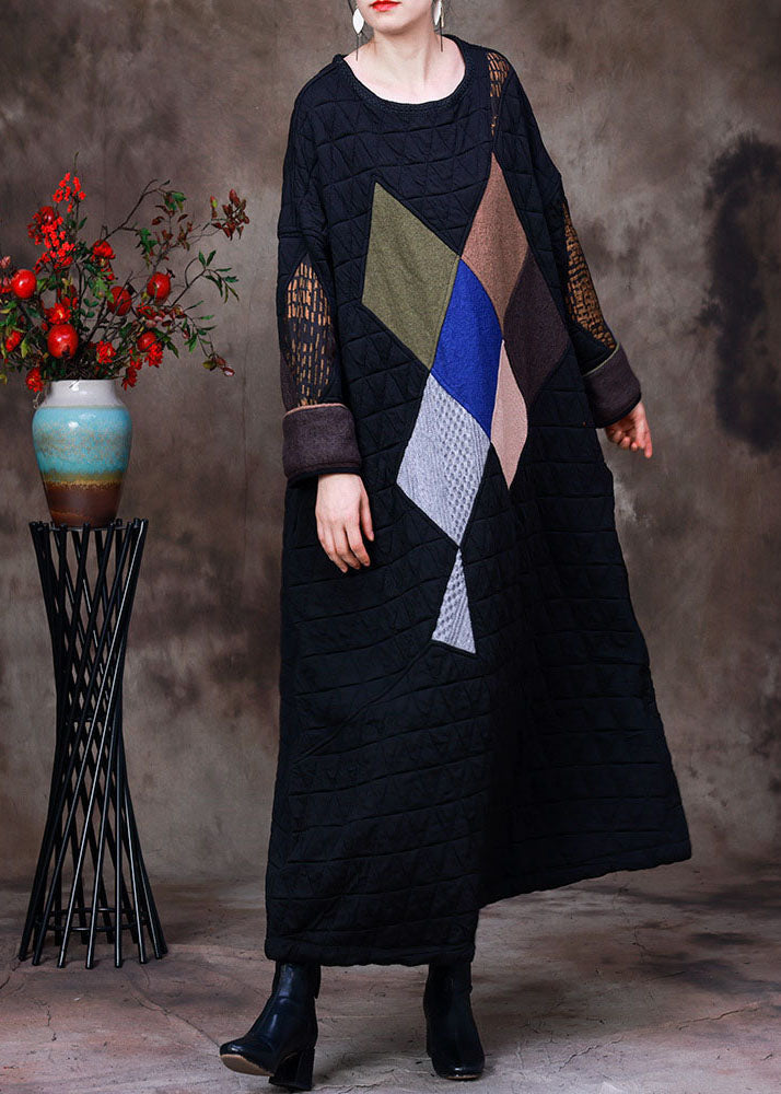 Quilted Geometric Patchwork Round Neck Long Sleeve Oversized Maxi Dress