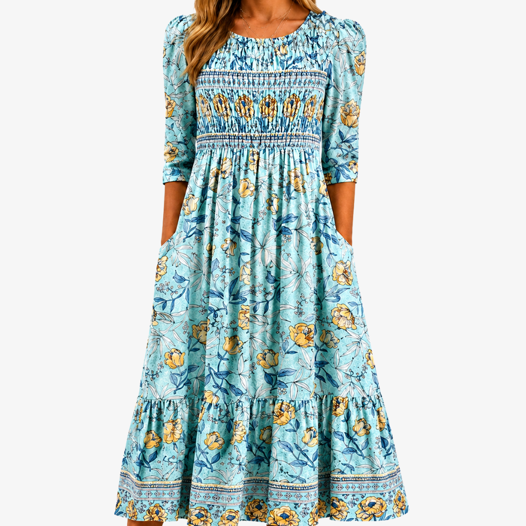 Floral Print Smocked Bodice Puff Sleeve Tiered Midi Dress