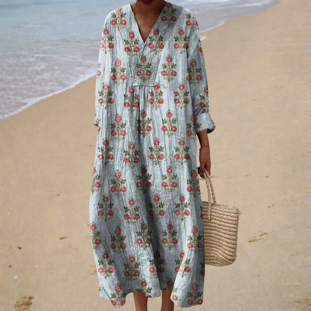 Floral Print V-Neck Long Sleeve Beach Maxi Dress