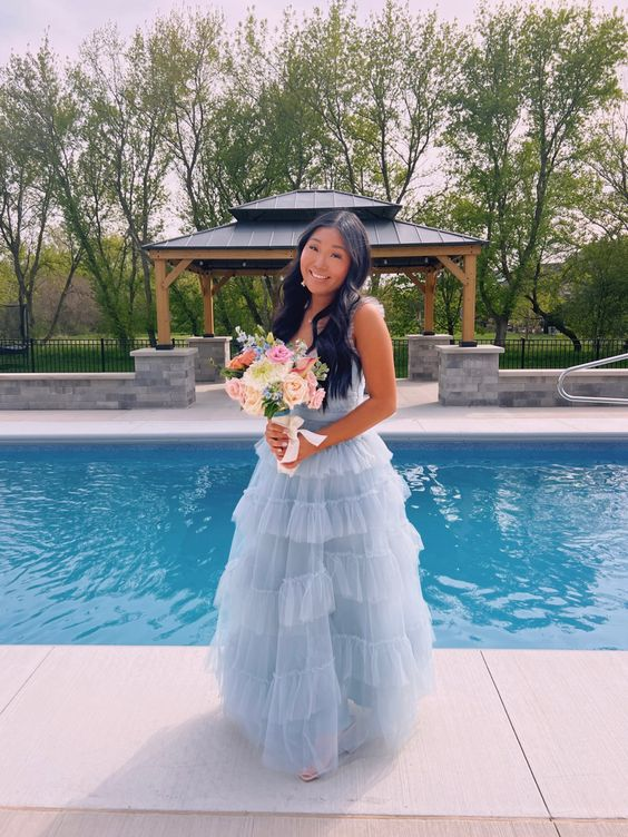 Light Blue Tulle Pleated Floor Length Junior Prom Dress cc1237