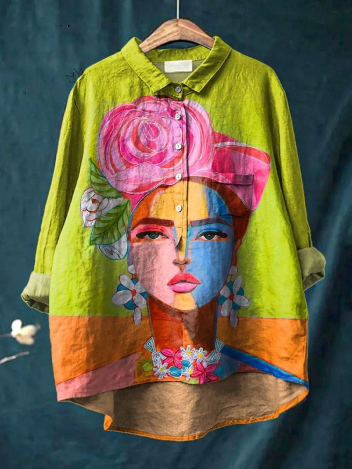 Portrait Art Print Long Sleeve Button Front High Low Shirt