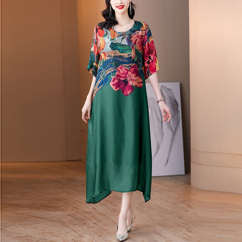 Floral Print Color Block Short Sleeve Loose Midi Dress