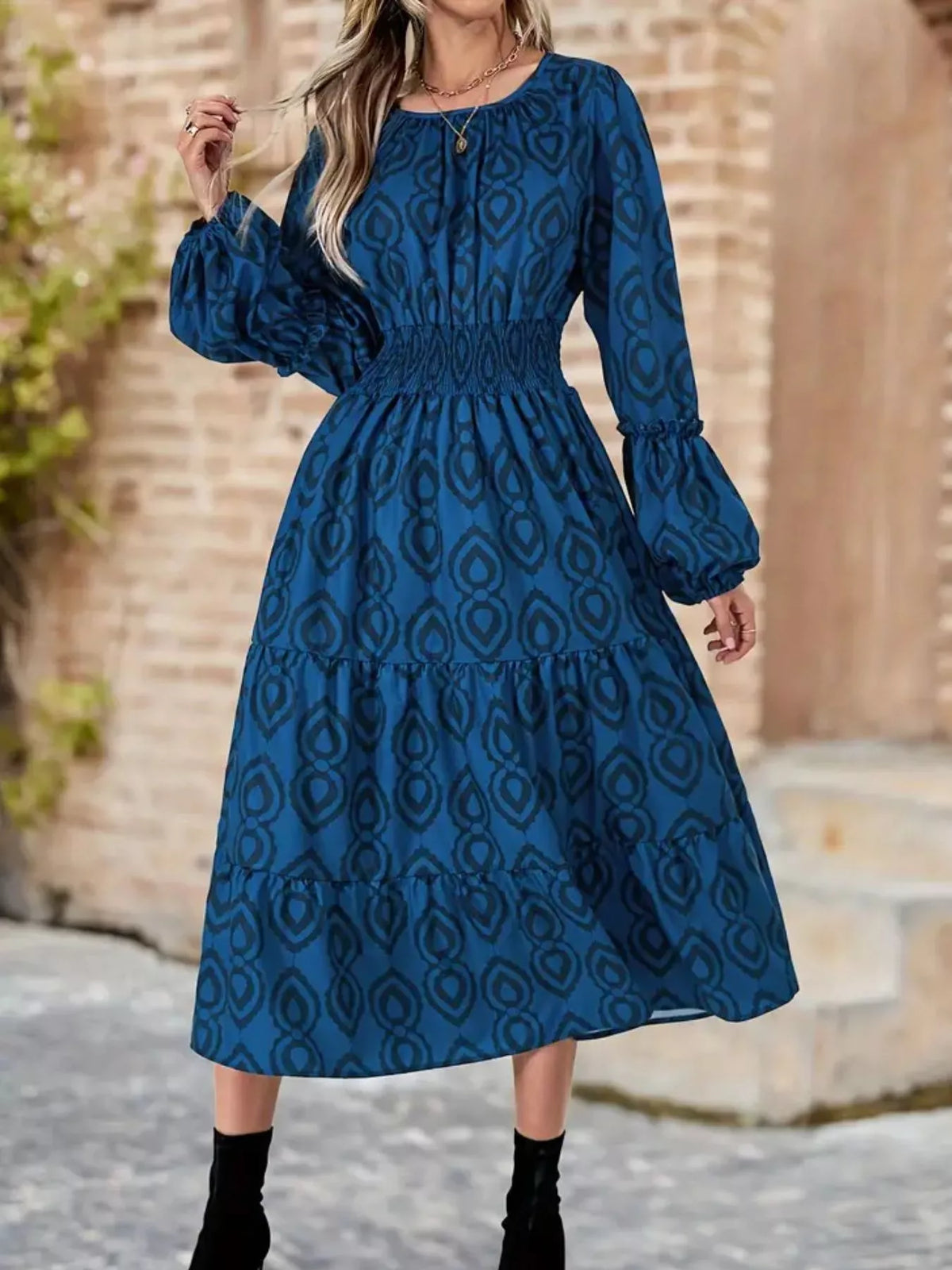 Geometric Print Smocked Waist Balloon Sleeve Tiered Midi Dress 4