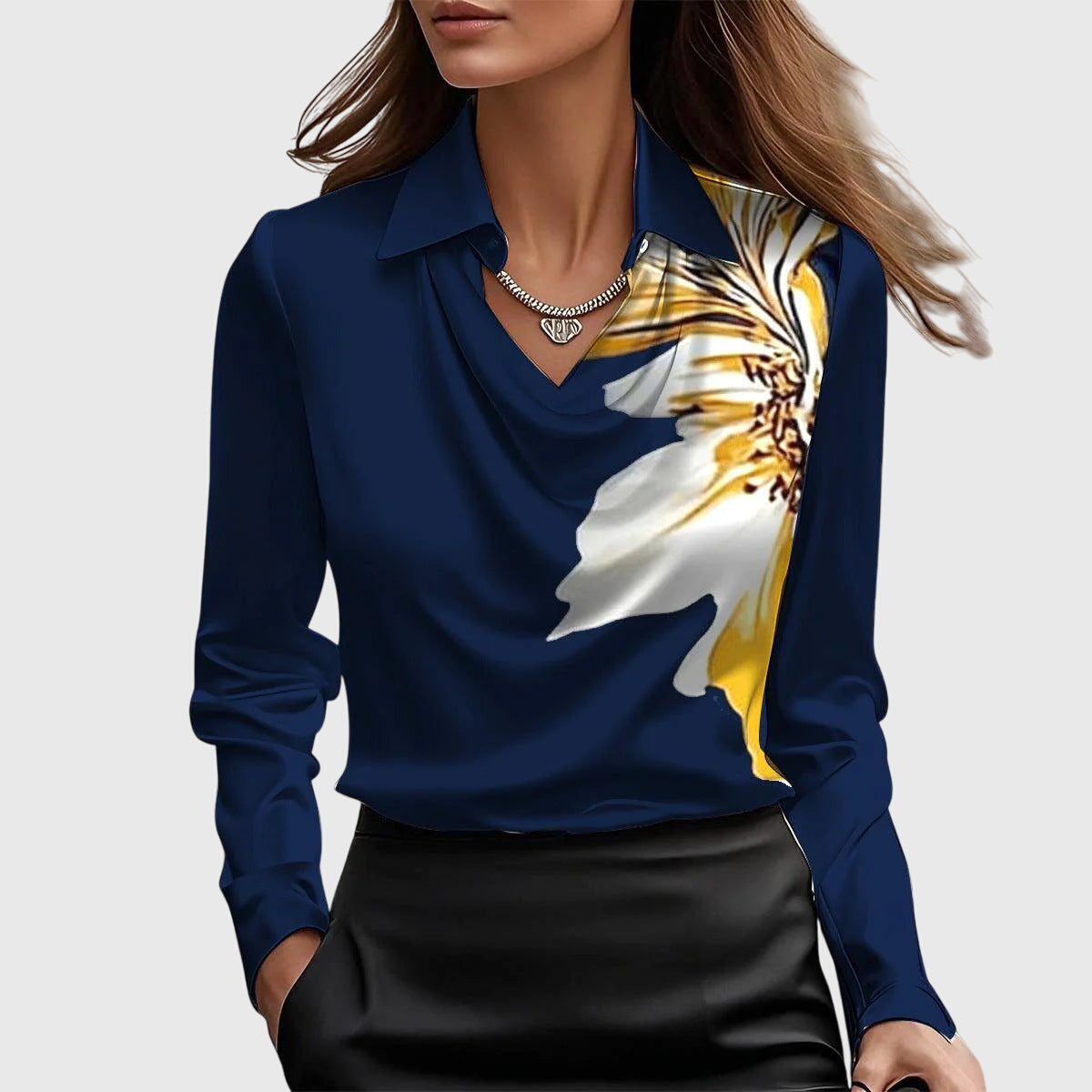 Collared Cowl Neck Long Sleeve Satin Blouse