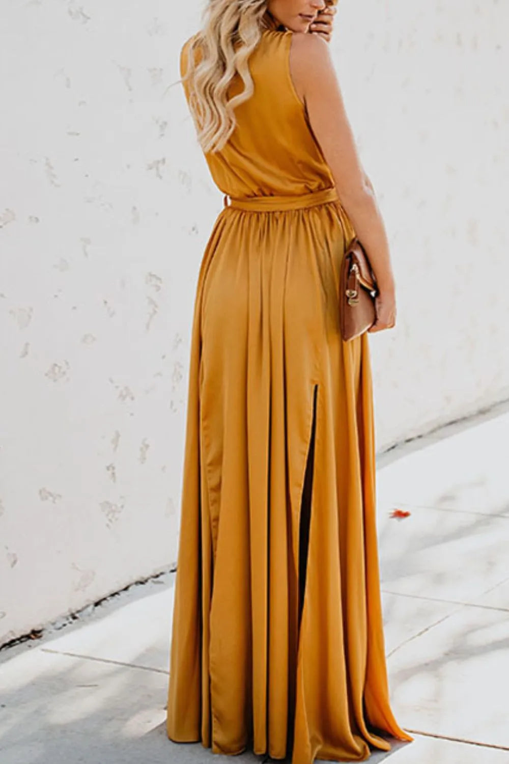 Satin Surplice V-Neck Sleeveless Tie Waist High Split Maxi Dress 5