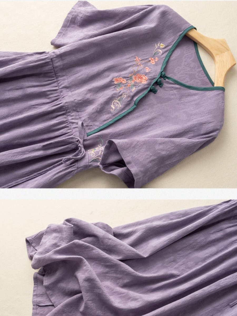 Floral Embroidery Frog Button Crossover V-Neck Tie Waist Midi Dress