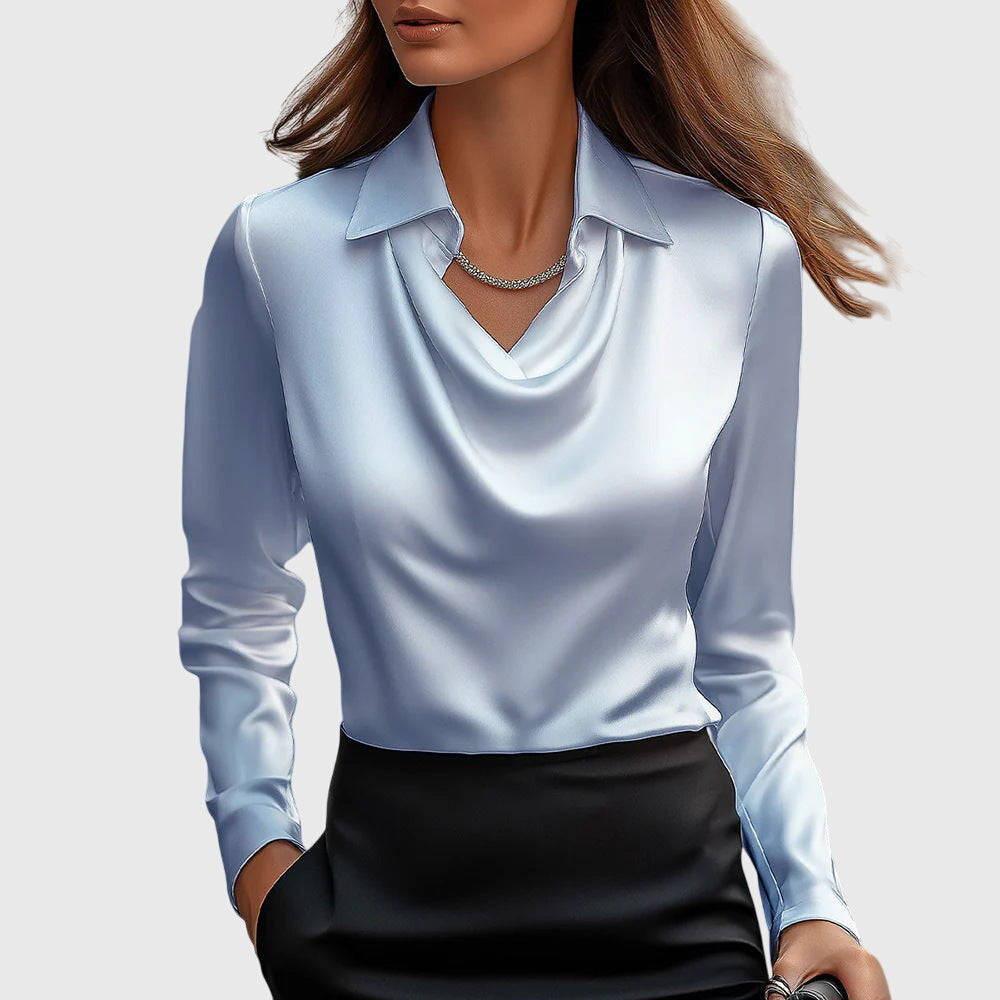 Collared Cowl Neck Long Sleeve Satin Blouse