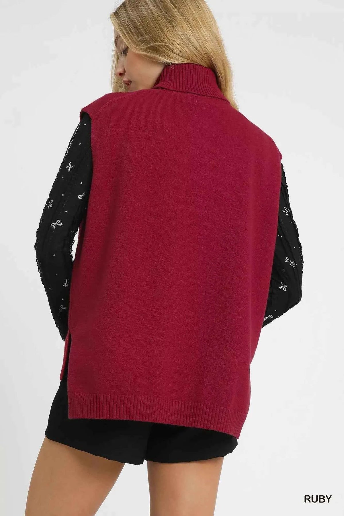 Turtleneck Sleeveless Cap Shoulder Ribbed Hem Knit Sweater 2