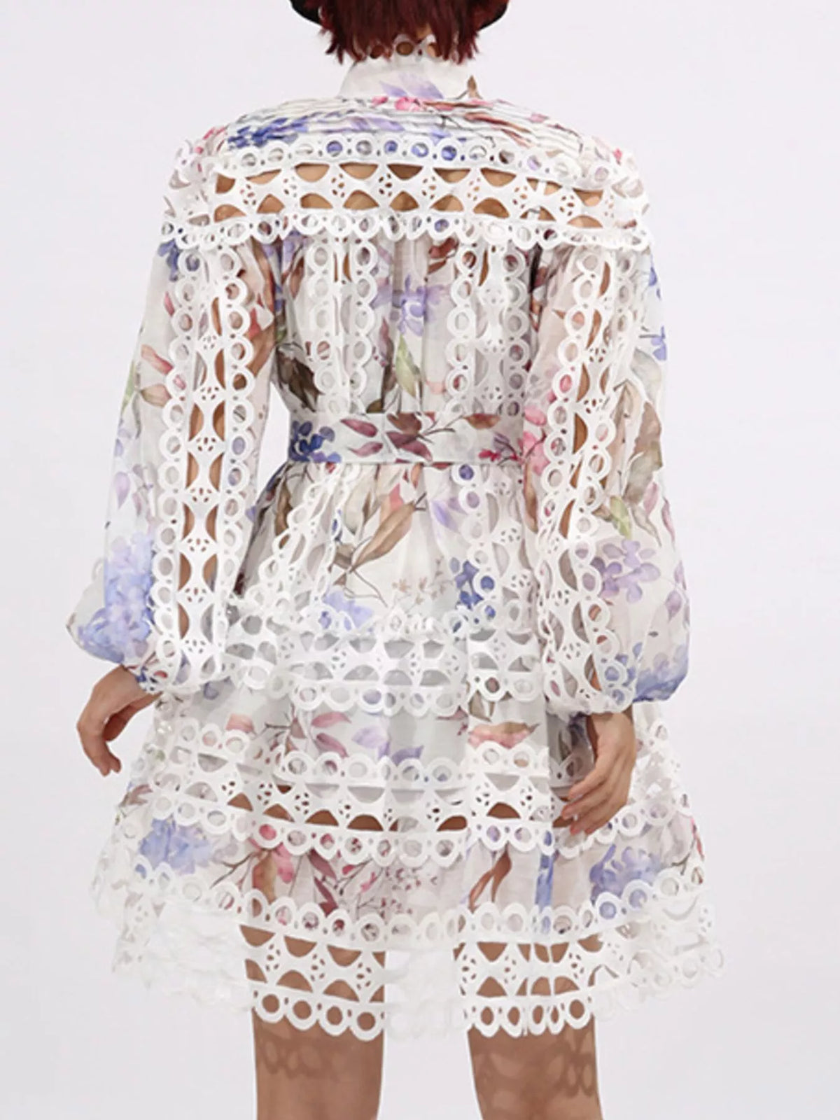 Lace Eyelet Mini Dress with Balloon Sleeves
