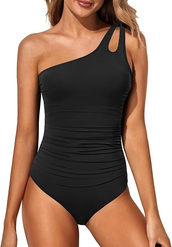 One Shoulder Ruched Tropical Print One Piece Swimsuit