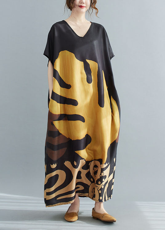 Chiffon V-Neck Short Sleeve Abstract Leaf Print Oversized Kaftan Maxi Dress