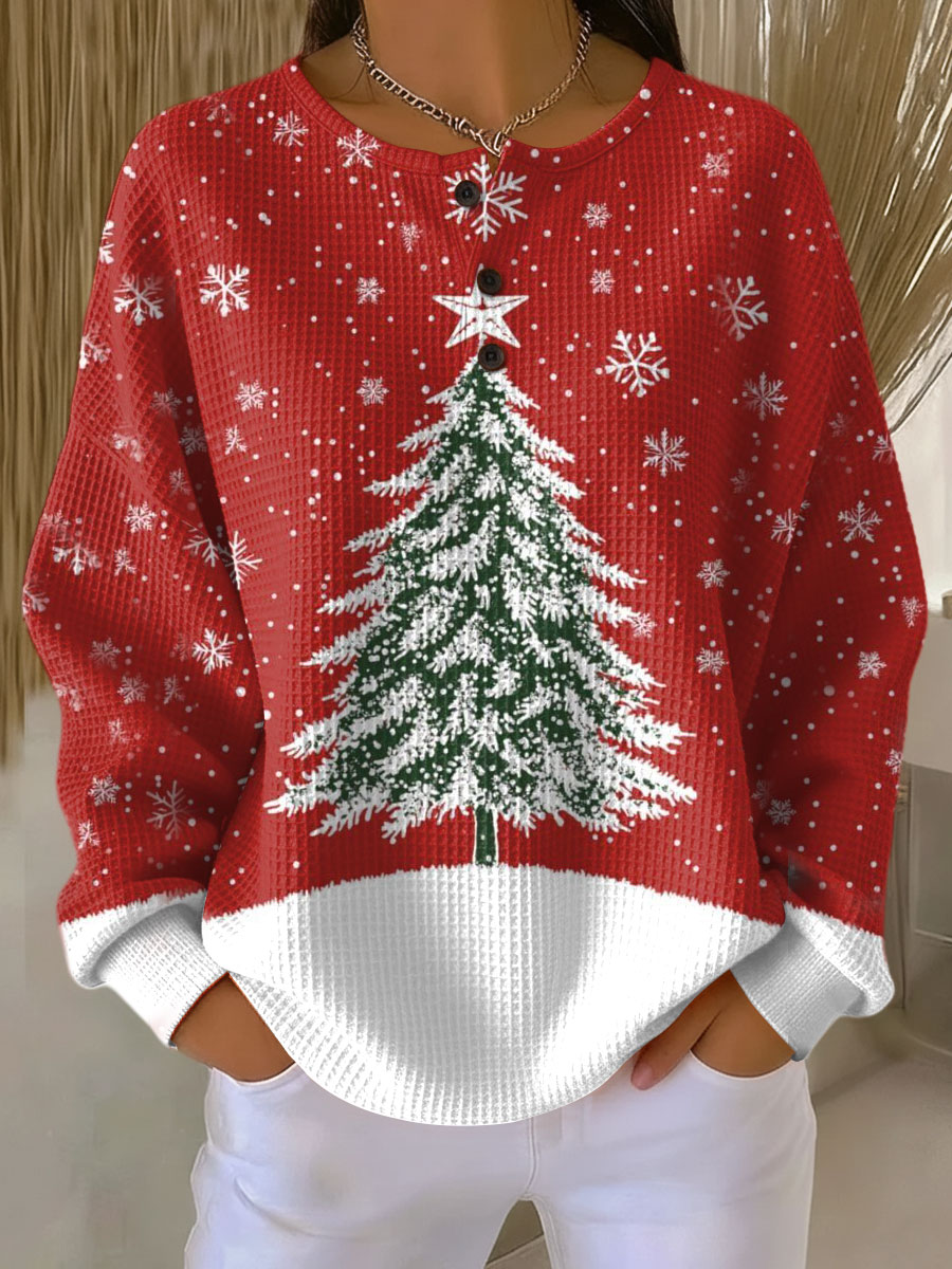 Christmas Tree Print Waffle Knit Button Neck Sweatshirt