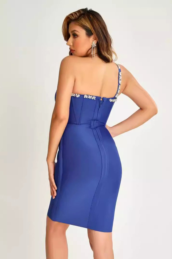 Rhinestone One Shoulder Sweetheart Corset Bandage Cocktail Midi Dress