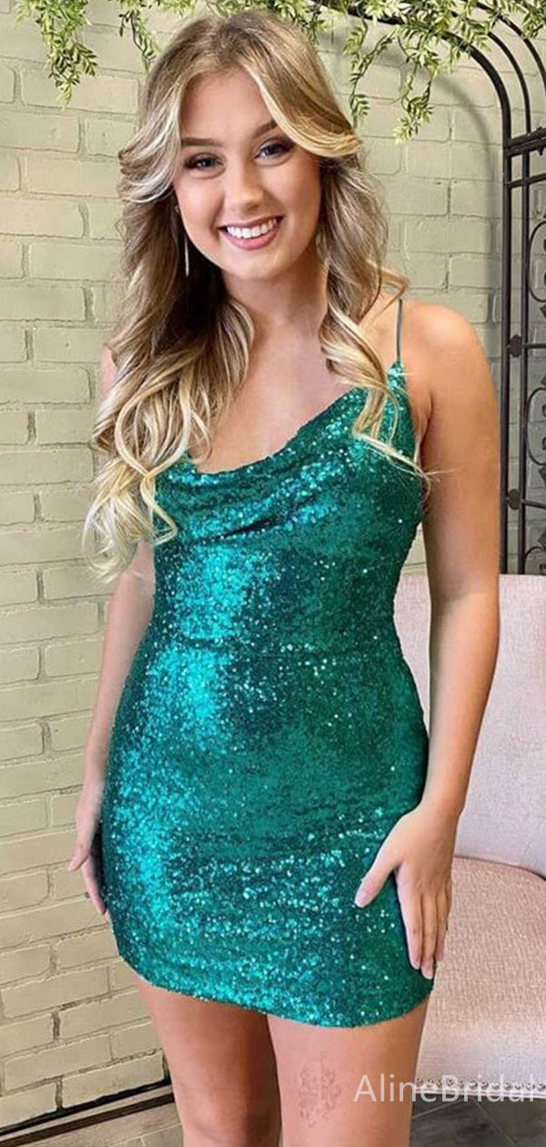 Sequin Cowl Neck Spaghetti Strap Bodycon Mini Homecoming Dress 3