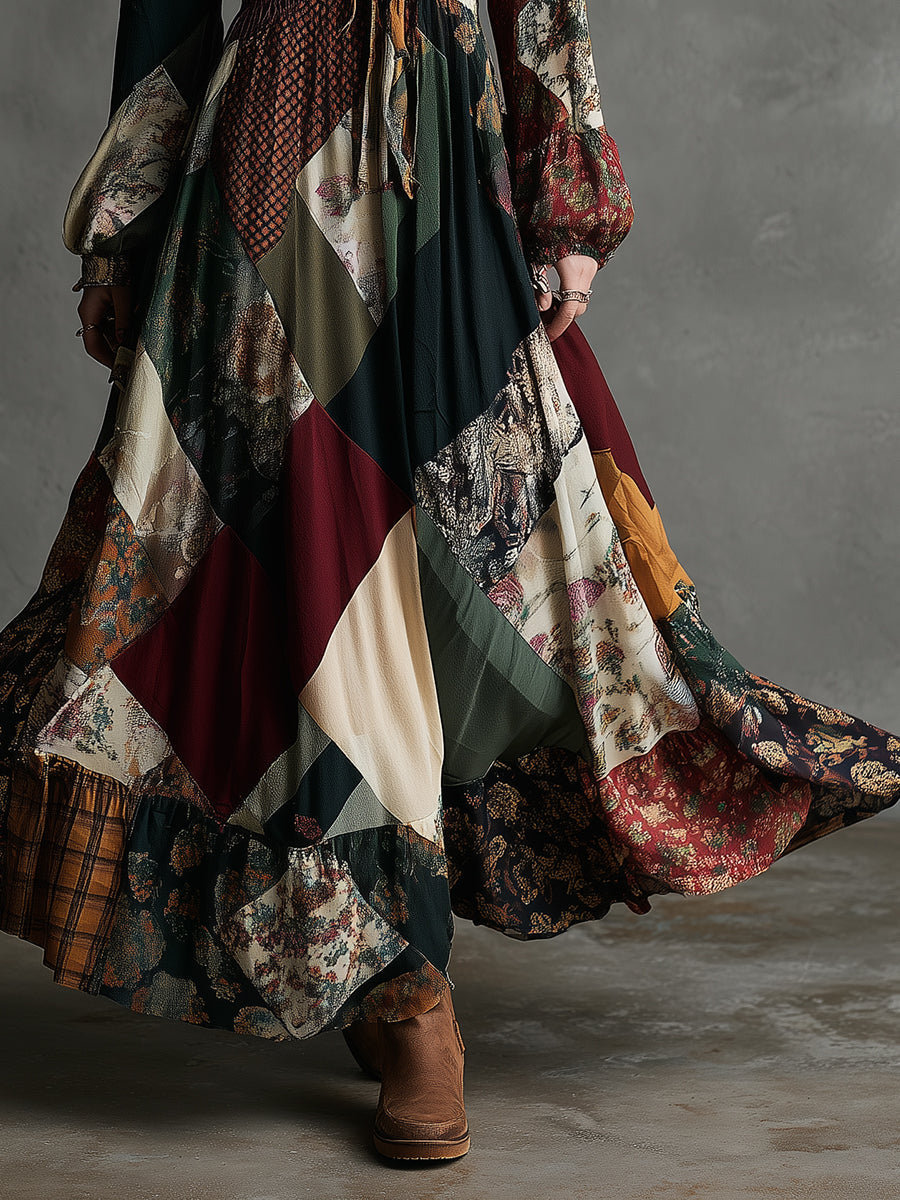 Elegant Win Over Waist Vintage Printed Cotton Blend Maxi Dress