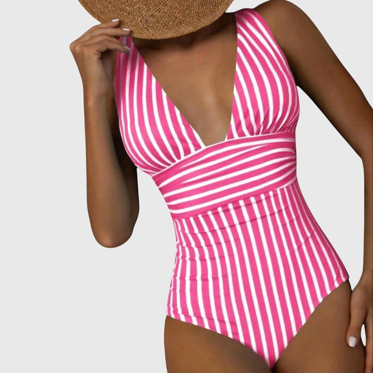 Striped Deep V-Neck Ruched One Piece Swimsuit