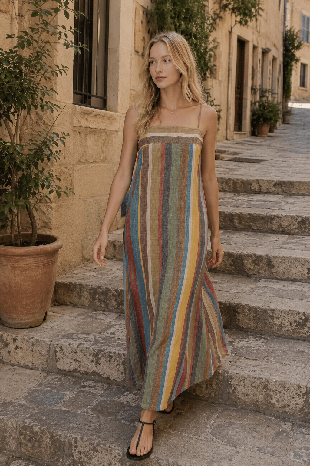 Striped Printed Strap Boho Dress