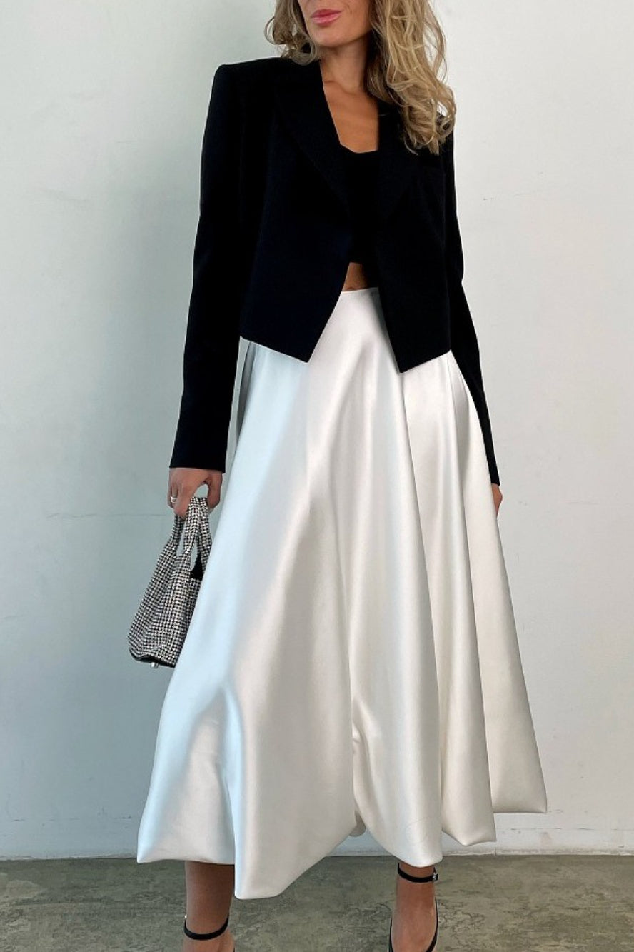 Satin High Waist Pleated Bubble Hem Midi Skirt