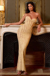 Strapless Lace Vertical Bodycon Maxi Lace Dress