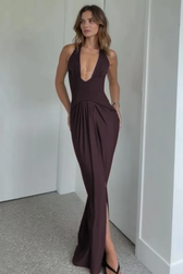 Sexy Solid Backless Sleeveless Deep V Halter Party Dress