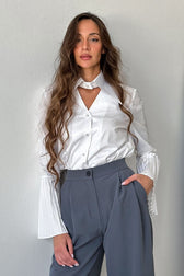 Pintuck Flare Sleeve Cotton Blouse