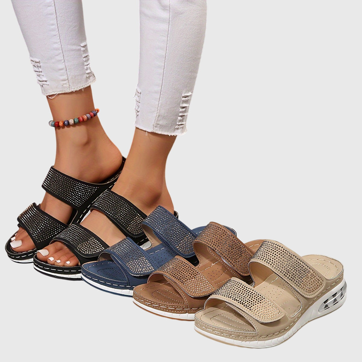 Open Toe Rhinestone Strap Wedge Platform Sandals