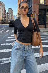 Fitted V-Neck Short Sleeve Crop Top