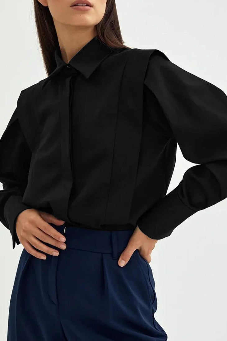 Pleated Shoulder Panel Collared Button Front Long Sleeve Shirt 6