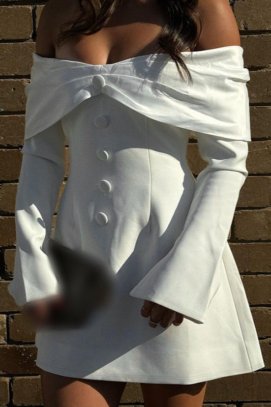Off Shoulder Long Sleeve Button Front Flared Cuff Blazer Mini Dress 4