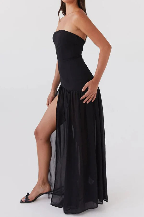 Lizzy Exclusive Strapless Semi Sheer Patchwork Chiffon Maxi Dress Statement Occasion Edit