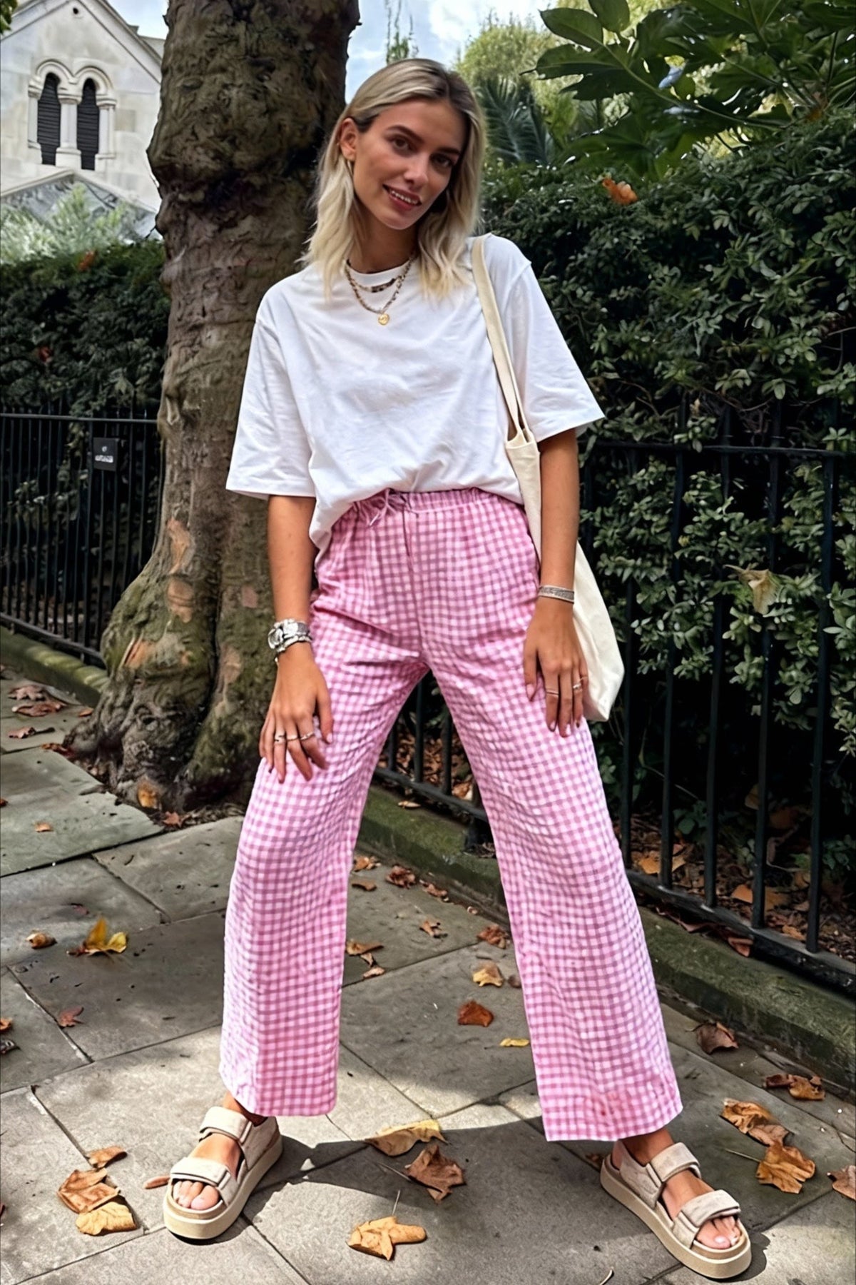 Gingham Drawstring Elastic Waist Wide Leg Lounge Pants