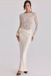 Sheer Lace Panel Ruched Satin Mermaid Maxi Lace Dress